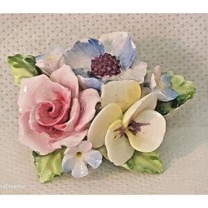 Flower Brooch Pin Bone China England Pink Rose Colorful Floral Vintage 1.75"